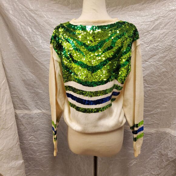 Eleanor P Brenner Women's White Sweater with Green Sequins, Size S - Picture 4 of 6